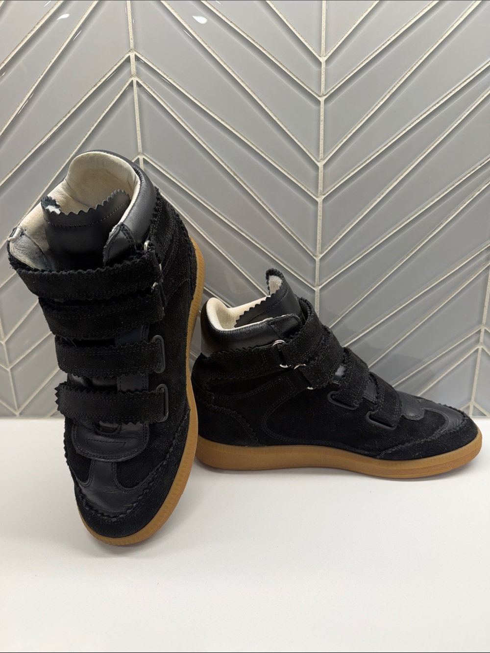 Isabel Marant Black High-Top Velcro Sneakers with Gum Sole and internal wedge